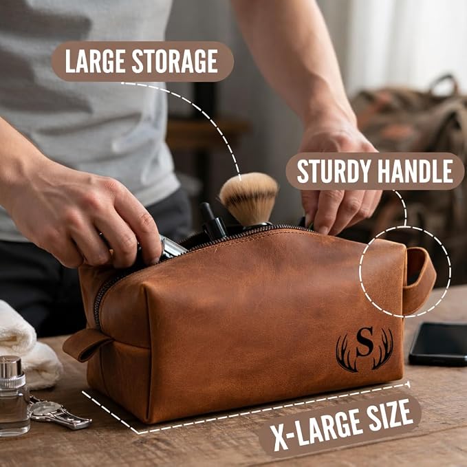 Personalized Handmade Genuine Leather Toiletry Bag | Custom Engraved Shaving Dopp Kit with Name, Initial | Travel Pouch for Men, Him, Husband, Dad, Boyfriend | Gift Idea for Groomsmen