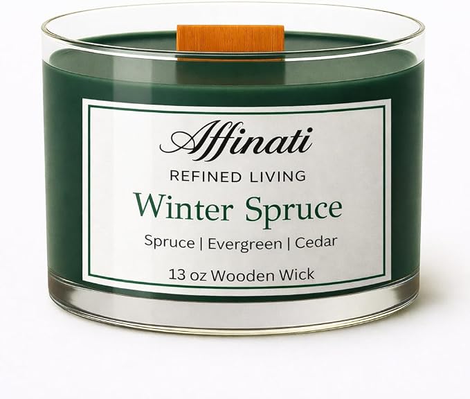 Affinati Winter Spruce Wooden Wick Candle – Luxury Wooden Bowl, 13 oz