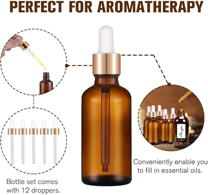 PrettyCare Glass Eye Dropper Bottles 2oz (60ml), 12 Pcs Amber Empty Thick Bottles Bulk with Leakproof Golden Caps - With Labels & Funnels for for Storage, Travel,Essential Oils, DIY Serums, Tincture