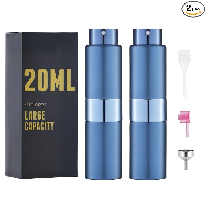 Cologne Travel Bottle 20ml - Large Size Perfume Atomizer Refillable for Men - Pocket Empty Fragrance Sprayer for Refill - 0.67oz Portable Twist Spray Sample Container for Purse Blue 2PCS