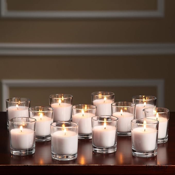 Hosley 20-Pack Ivory Unscented Votive Candles in Clear Glass Holders - Long Burn Time Hand Poured Wax for Weddings and Home Decor