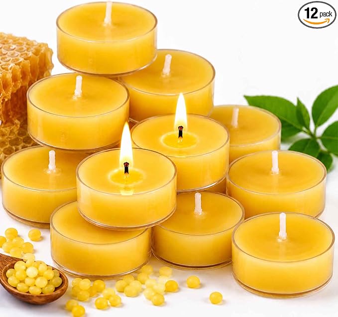 12 Pack Pure Beeswax Tea Light Candles-Natural Beeswax Tealight Candles-2 Hour Short Burn Time Tea Candle for Meditation, Yoga,Shabbat and Home Decor Air Purifying-Smokeless