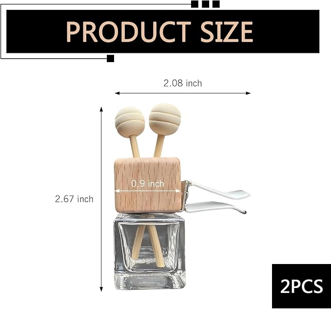 2PCS Car Air Diffuser Bottle Vent Clips, Refillable Empty Auto Essential Oil Glass Diffuser Bottle, Air Outlet Clip with Wooden Cap and Stick, Universal Car Interior Decor for Most Vehicles