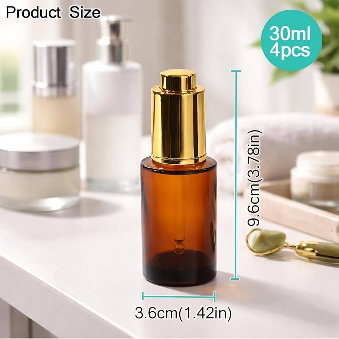 4Packs 30ml/1Oz Amber Glass Pump Dropper Bottles Refillable Skincare Serum Containers with Gold Press Pump Glass DropperPump For Essential Oils, Face Serum, Cosmetics, DIY Beauty, Travel
