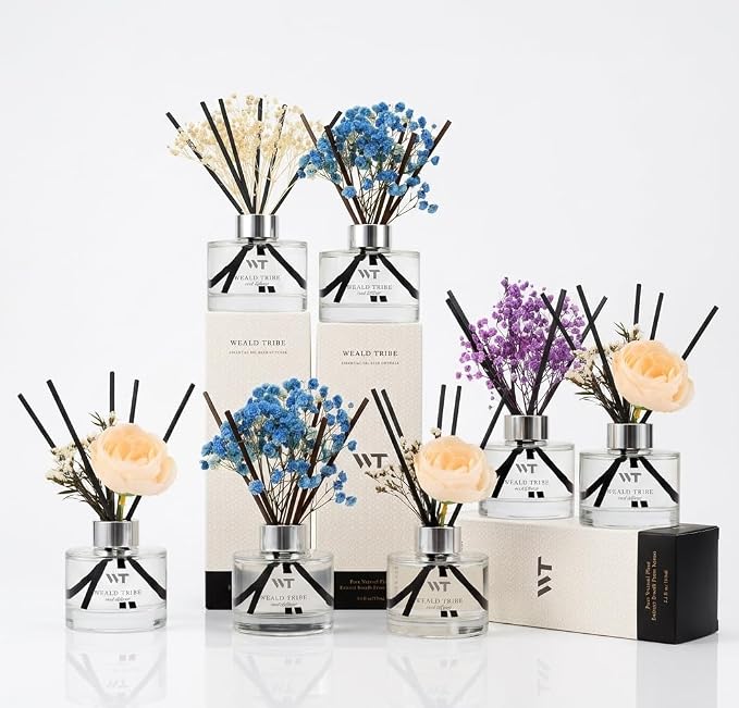 WEALD TRIBE Flower Reed Diffuser Set White Jasmine Scent for Bathroom Accessories Shelf Decor & Air Fresheners, Fresh Air Sticks Defusers with 5.1 fl oz Essential Oils, House Office Decor & Gifts