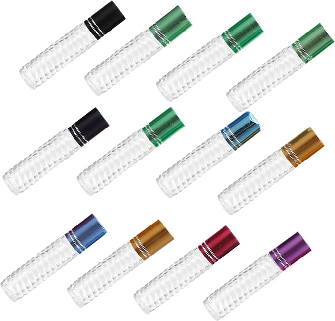 12pcs 5ml Glass Roll-on Bottles with Caps, Portable Mini Perfume and Essential Oil Roller Bottle Kit for Travel and Aromatherapy Use Random Color