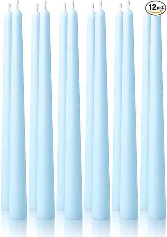 10" Classic Taper Candles, Sky Blue, 12-Pack, 7-8 Hours Long Burning, Unscented Tall Candlesticks