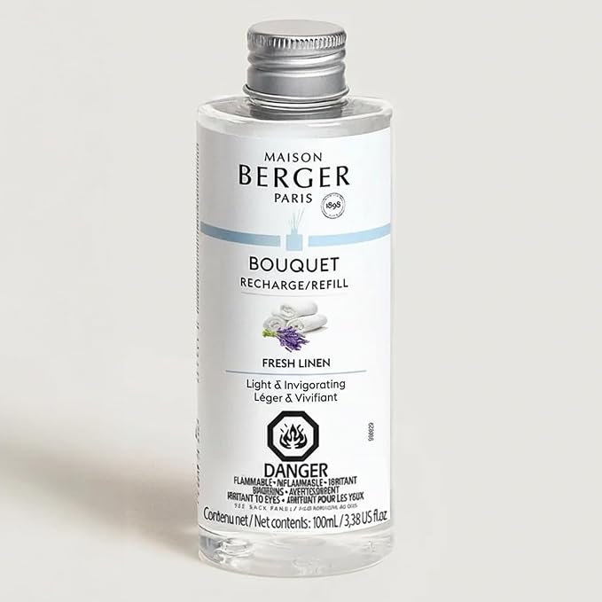 MAISON BERGER Reed Diffuser Bouquet, 100 ml, Fresh Linen | Clear Glass Bottle, 8 Reed Sticks, 100 ml Refill, Up to 6-Week Passive Diffusion, No Flame, Made in France