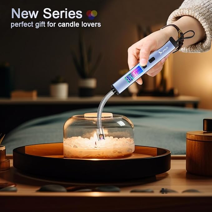 SUPRUS Electric Candle USB Type C Rechargeable 360° Flexible Neck Lighter with Upgraded LED Battery Display Safety Switch Flameless Plasma Windproof (Blue, 3Packs)