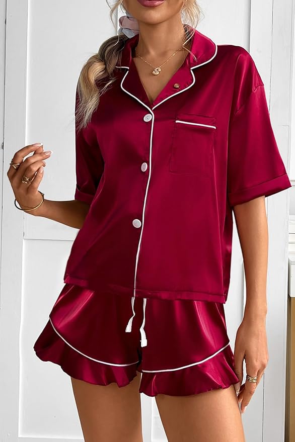CHYRII Women's Silk Satin Pajamas Two Piece Pj Sets Short Sleeve Tops Ruffled Shorts Sleepwear with Magnetic Diffuser