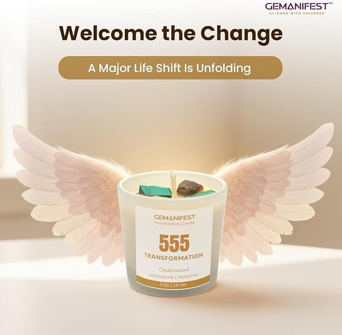 Angel Number 555 Manifestation Candle Crystal Infused Soy Wax with Labradorite and Malachite Cedarwood Scented Spiritual Gift for Transformation and Energy Alignment