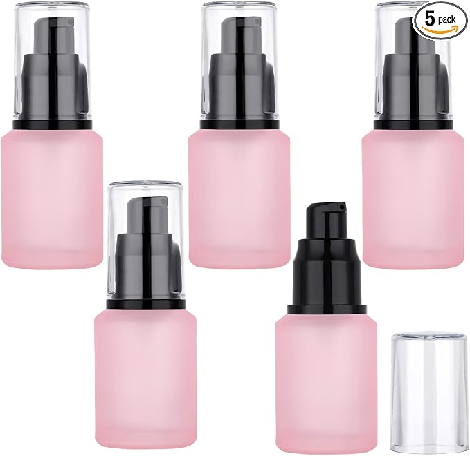 Segbeauty 1oz Frosted Empty Glass Lotion Bottles, 5pcs Small Pump Bottle Travel Size Pump Dispenser, 30ml Pink Reusable Cosmetic Containers for Cream, Refillable Glass Travel Bottle for Toiletries