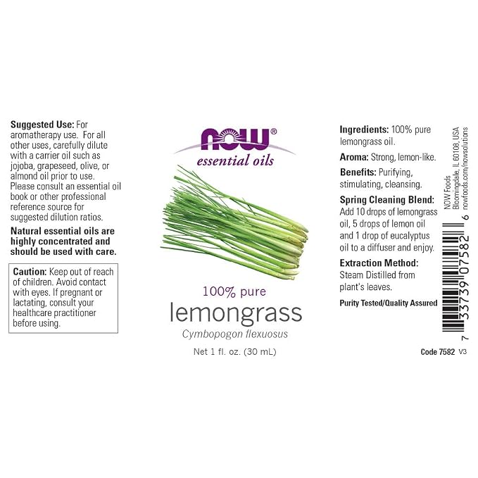 NOW Essential Oils, Lemongrass Oil, Uplifting Aromatherapy Scent, Steam Distilled, 100% Pure, Vegan, Child Resistant Cap, 1-Ounce