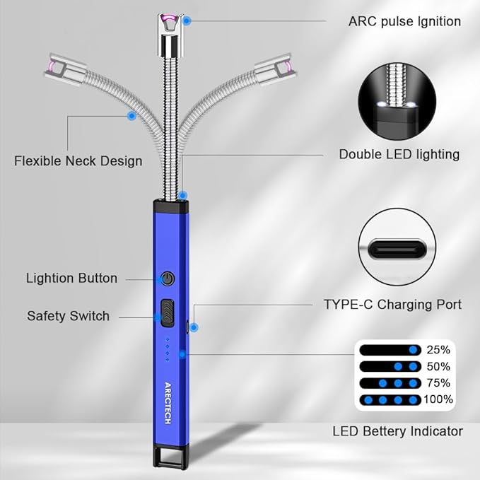 ARECTECH Candle Electric Lighter Rechargeable USB Arc Lighter for Candle Camping Fireworks Christmas Birthday Gifts with LED Light for Men Women Blue