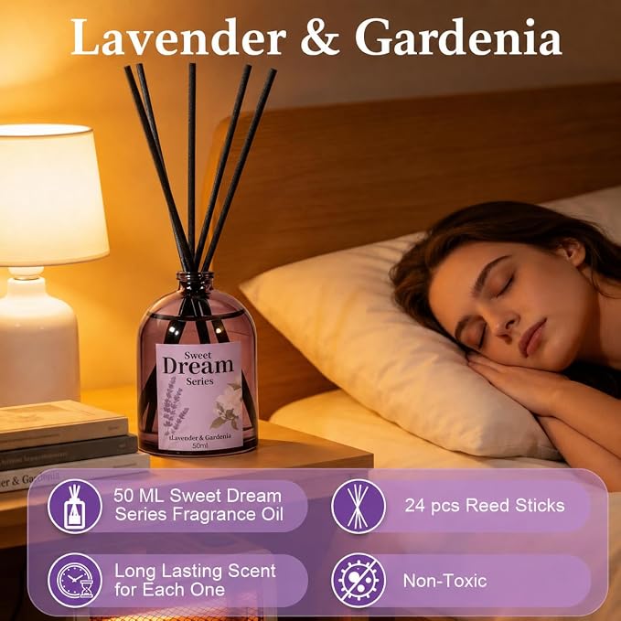 STRN Reed Diffuser Sets, Lavender Scented Oil Diffuser, Fragrance Reed Diffuser with 24 Sticks, 6.8 Fl.oz (200ml), 4 Scents Long-Lasting Air Freshener for Bedroom Bathroom Home Décor