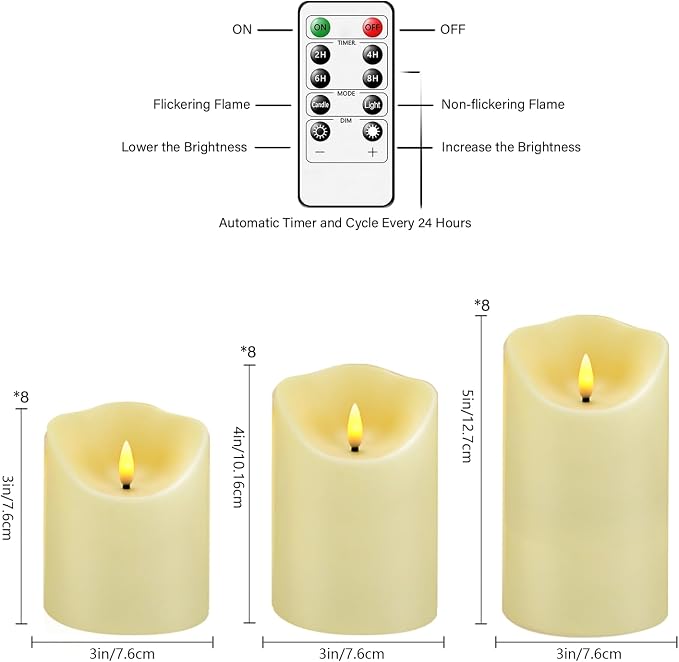 Nimiko Flameless Candles with Remote, Battery Operated Flickering Flameless Candles, LED Candles with Timer 2/4/6/8H, with Realistic LED Candles Set of 24 (D3 x H 3" 4" 5") (Ivory)