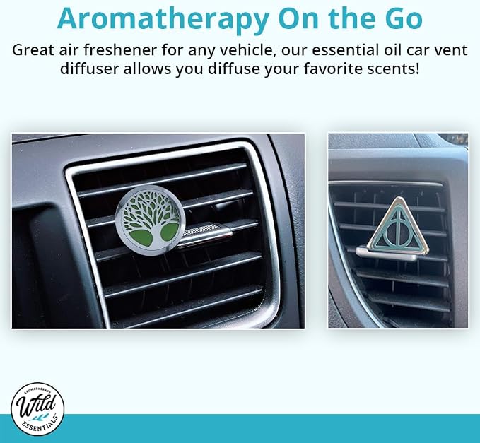 Wild Essentials Flamingo Essential Oil Car Vent Diffuser Kit – 316L Stainless Steel Locket, Rubber-Coated 4-Way Clip, 8 Color Pads (22mm), 25mm – Includes Alert & Inner Calm (2 x 10ml)