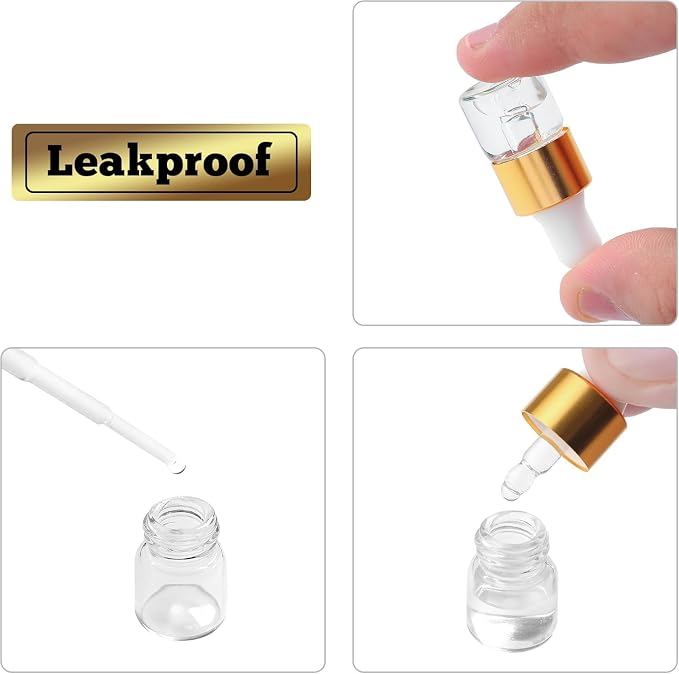 Mini Dropper Bottles 1ml – 100pcs Golden Collar Glass Sample Bottles with Droppers for Essential Oils, Cuticle Oil, Perfume, Travel, Small Business Use