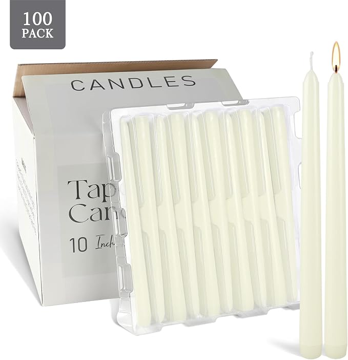 YOROXRG 100Pack Ivory Taper Candles, 7-8 Hours Burn Time, Unscented, Smokeless and Dripless, 0.75 x 10 Inch Dinner Candle Set for Household, Wedding, Party and Home Décor Candlesticks