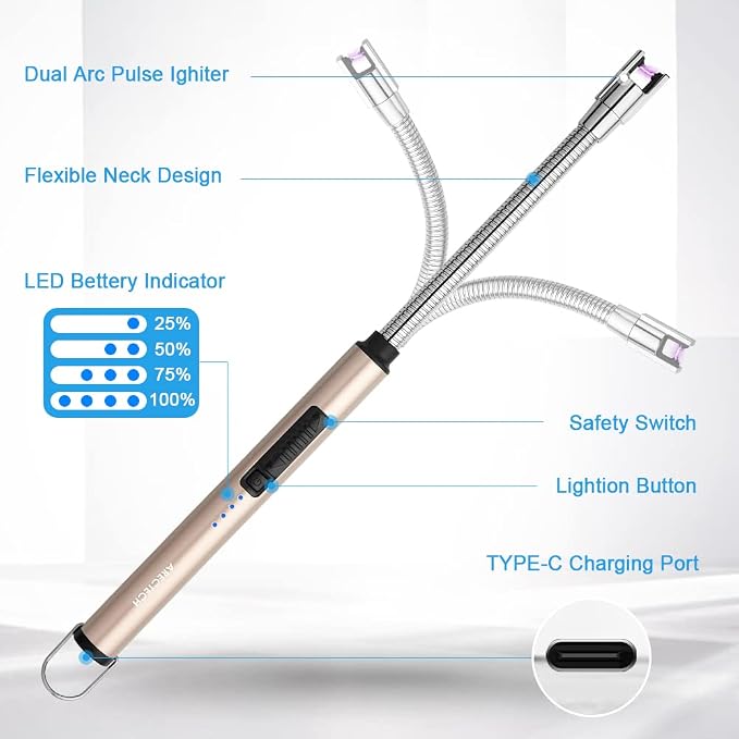 ARECTECH Electric Arc Candle Lighter Flameless Rechargeable USB Long Lighters for Candle Cooking BBQs Fireworks Gold 2 Pack