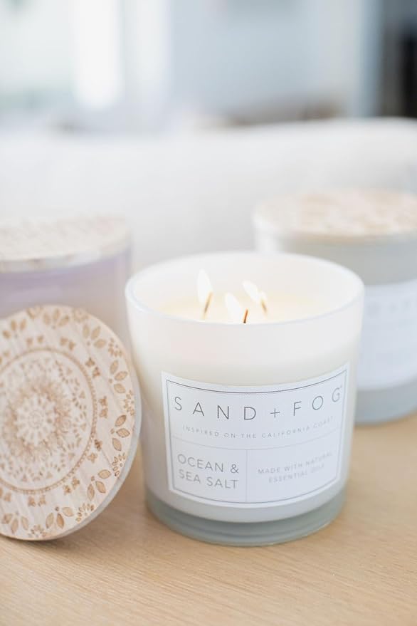 Sand + Fog Scented Candles - Ocean & Sea Salt - Additional Scents and Sizes - 3 Wicks 100% Cotton Lead-Free - Luxury Air Freshening Jar Candles - Perfect Home Decor - 21 oz