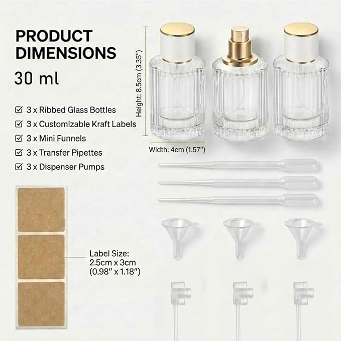 30ml Empty Perfume Spray Bottles, Ribbed Glass Atomizer Spray Bottle Refillable Portable Glass Atomizers with Funnel and Dropper, Fine Mist Spray for Women Men Dispenser Fragrance Container Set
