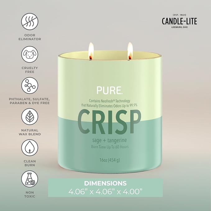 Candle-Lite Pure Sage & Tangerine Odor Eliminating Scented Candles, Neofresh Technology Eliminates 99.9% of Odors, 16 oz 2-Wick Jar, Proudly Poured in The USA, Up to 60 Hours Burn Time