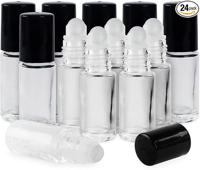 Super Z Outlet Clear (1/6 Oz/5 ml) Plain Glass Container Tubes Roll-On Bottles with Ball Tips and Black Caps for Homemade Lip Care Products, Essential Oils, Cosmetic Gift, Perfumes (24 Pack)