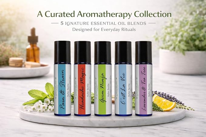 GreenHealth Essential Oil Roll On Set 5 Pack (10ml Each) Aromatherapy Roller Ball Variety Kit Pain & Strain Headache Magic Germ Ninja C’est La Vie Lavender Tea Tree Ready to Use Travel Size Gift Set