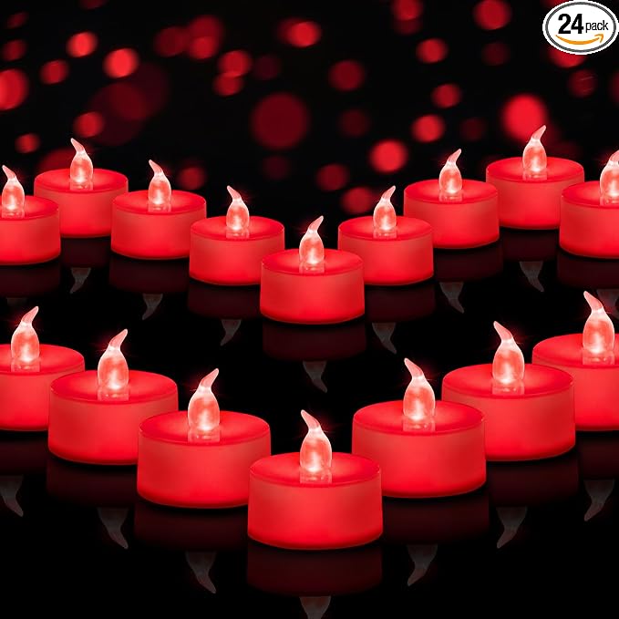 Tea Lights Battery Operated Candles LED Tea Lights Flameless Candles 200+ Hours Flickering Fake Tealights for Sweetest Day Wedding Home Decorations Party (Red Base, 24 Pack)