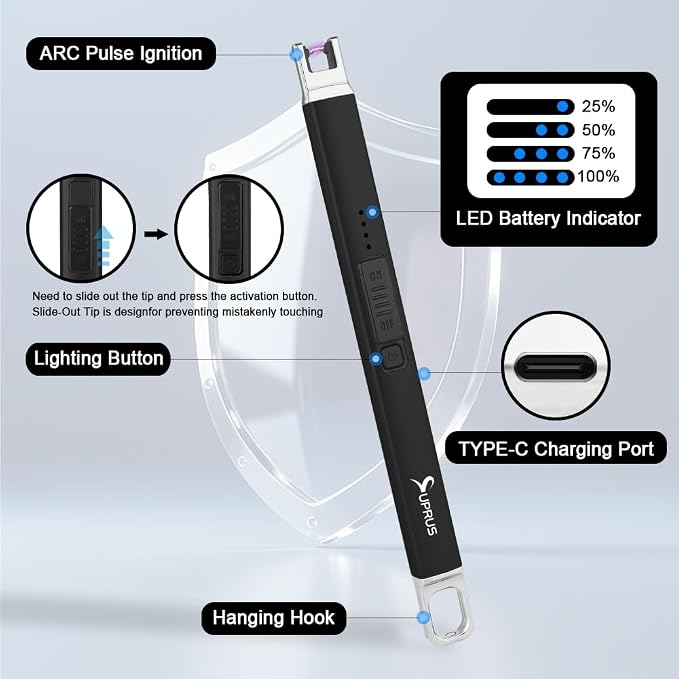 SUPRUS Candle Lighter Arc Electric Lighter Windproof Flameless with Safety Switch for Camping BBQ Birthday, Giftbox for Mom Wife Friend (Black)