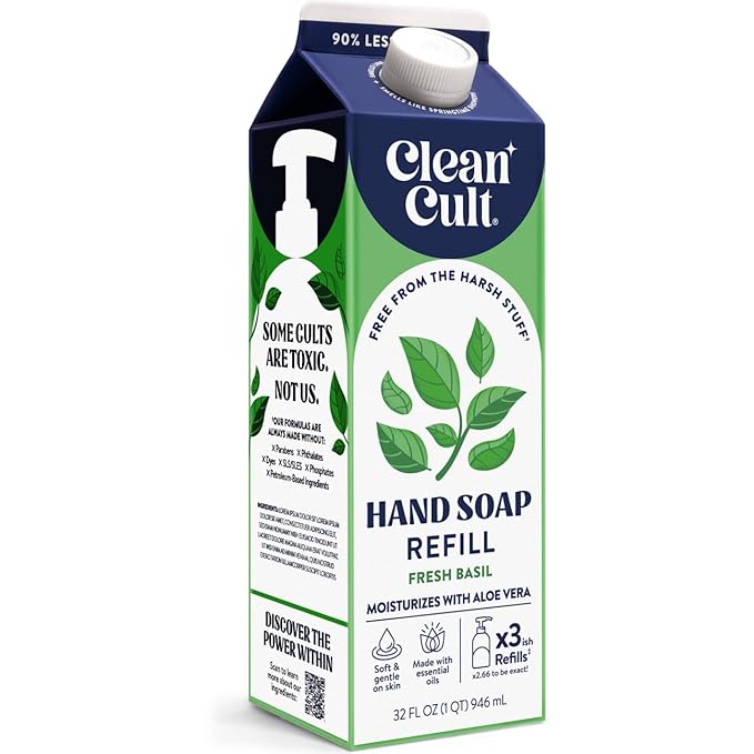 Cleancult Liquid Hand Soap Refill - Fresh Basil - Gentle On Sensitive Skin - Made with Aloe Vera & Essential Oils - Eco Friendly - Paper-Based Packaging - 32 oz/1 Pack