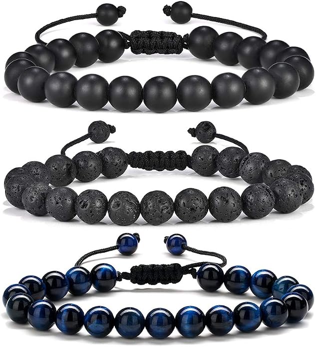 M MOOHAM Mens Bracelet - Beaded Natural Stone 8mm Tiger Eye Matte Agate Lava Rock Bracelets for Men Teen Boys Grandpa Dad Birthday Gifts Jewelry
