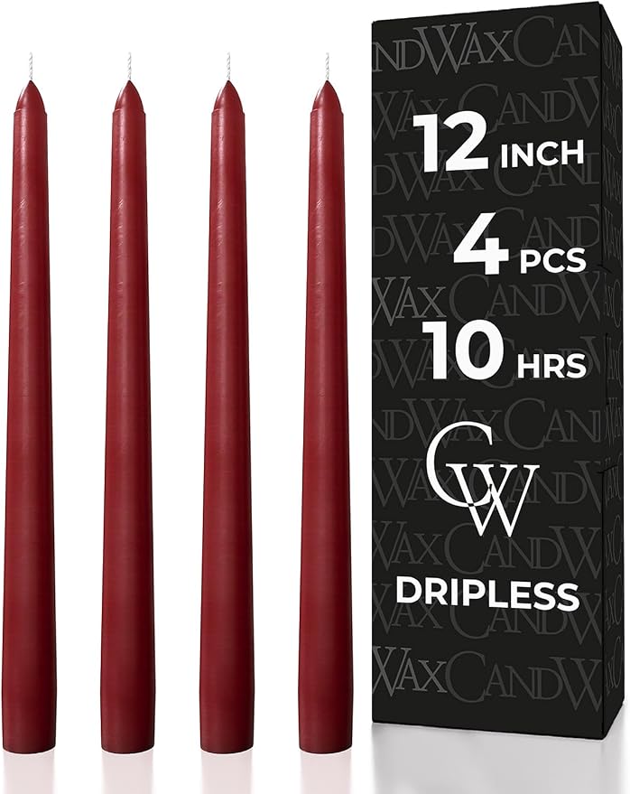 CANDWAX 12 inch Burgundy Taper Candle Pack of 4 - Unscented Smokeless Dripless Candlesticks - Candle Sticks for Party Décor, Christmas Home Decor, Dinner Table Centerpieces - Christmas Taper Candles
