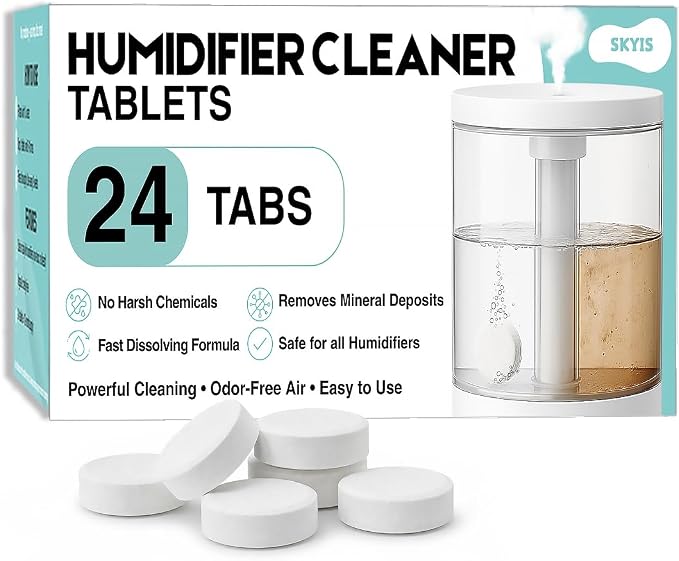 Skyis Humidifier Cleaning Tablets & Descaler 24 Pack, Removes Hard Water Scale, Mineral Deposits, White Dust, Demineralization Cleaner for Levoit, Vicks, Dyson, Dreo Humidifiers