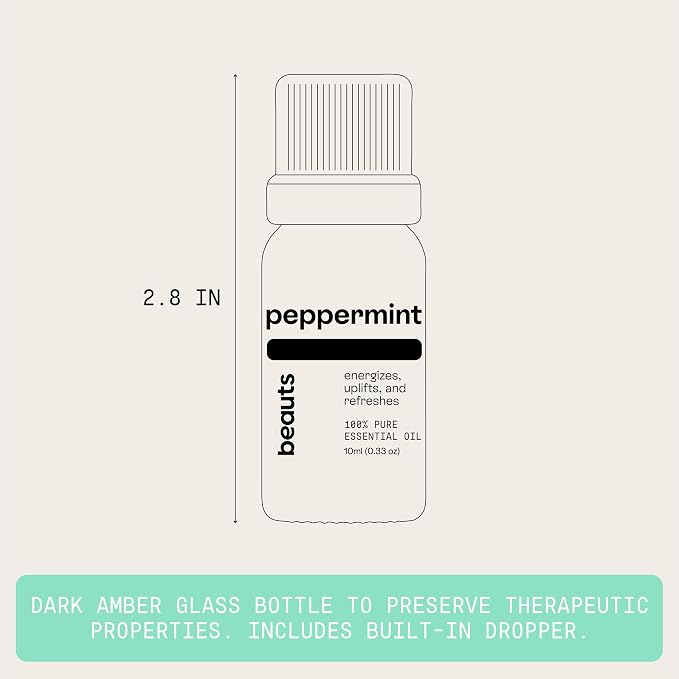 Beauts Peppermint Essential Oil – 100% Pure & Natural – Uplifting, Energizing, Clarity & Focus – Essential Oil for Diffuser, Skin, Hair & Aromatherapy – Mentha Piperita – Vegan – 10 mL (.33 fl oz)