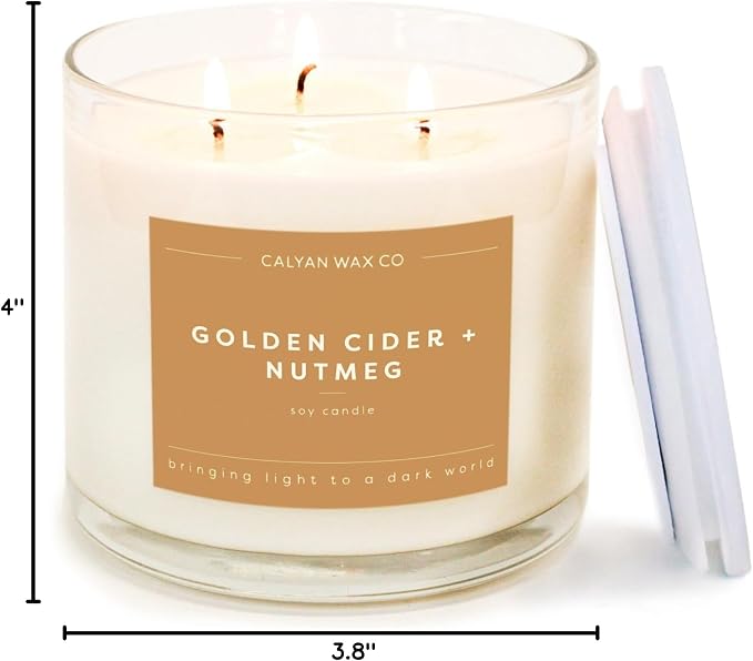 Calyan Wax Co. Golden Cider & Nutmeg 3 Wick Scented Candle - 43 Hour Burn - Luxury 3 Wick Soy Candles - Clean Soy Wax Candles - Long Lasting Large Glass Jar Candle for Home - 14.9oz