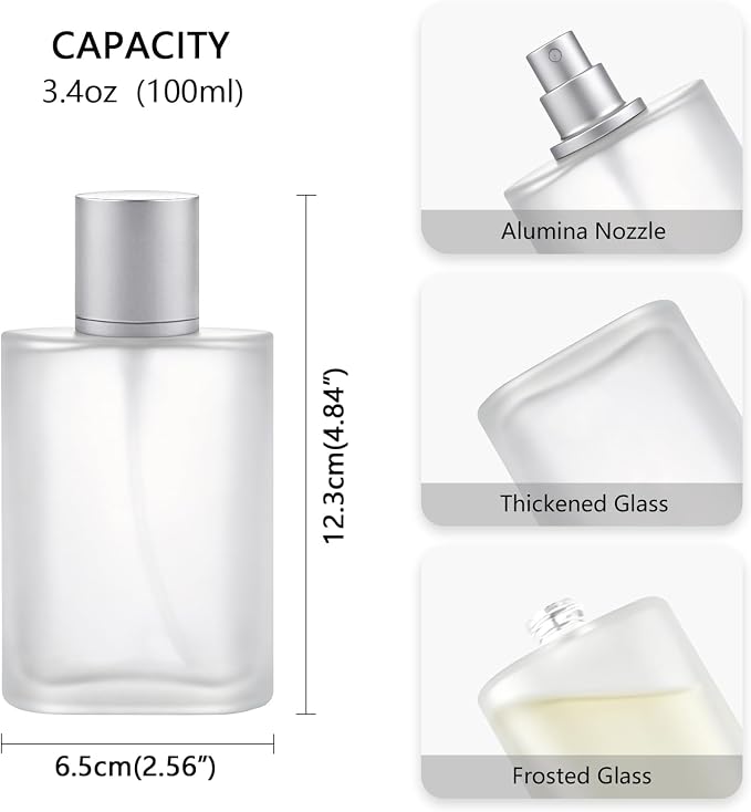 Refillable Frosted Glass Spray Bottle, 100ml 3.4oz | Fine Mist Perfume Atomizer, For Essential Oils, Travel, Makeup, Empty Container, Includes Funnel Filler & Dropper