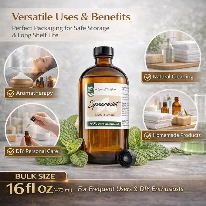 Spearmint Essential Oil – 16 fl oz (473 ml) – 100% Pure & Natural Mentha Spicata – Therapeutic Grade Bulk Essential Oil in Amber Glass Bottle with Dropper – GreenHealth