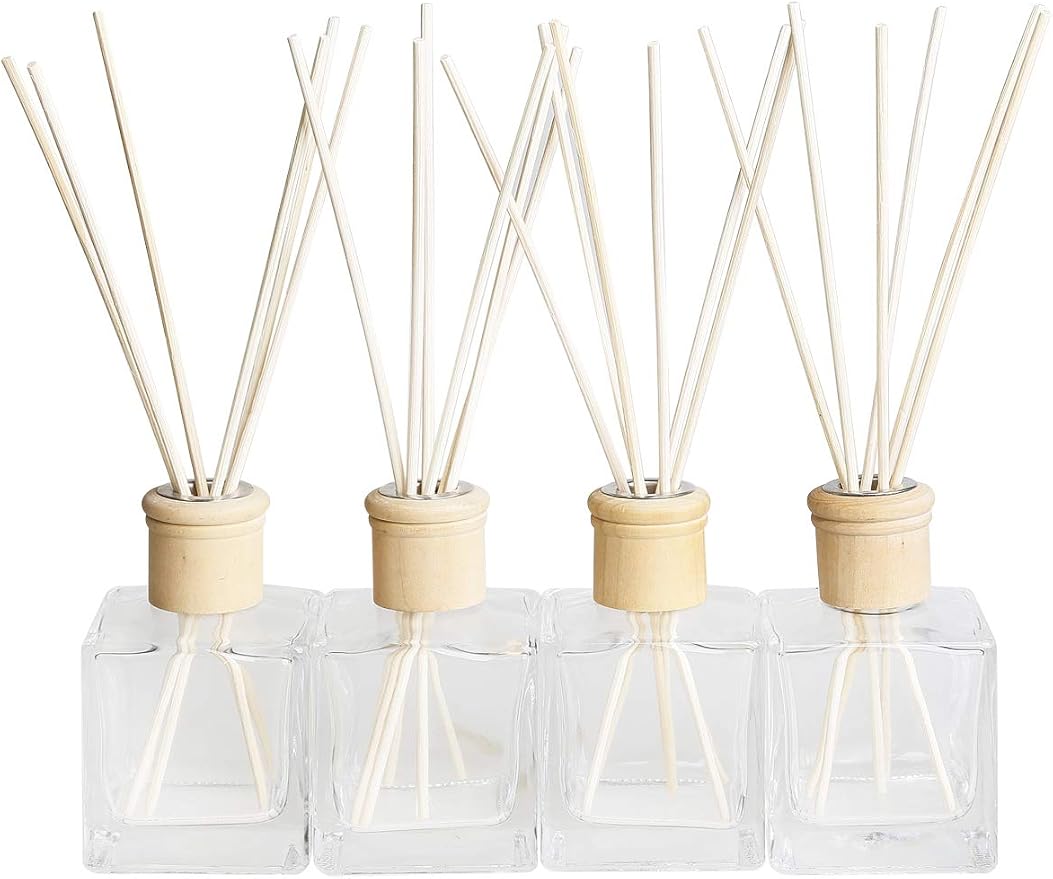 Fragrance Glass Diffuser Bottles Diffuser Jars with caps and Rattan Stick Set of 4 pcs 200ml Fragrance Accessories use for DIY Replacement Reed Diffuser Sets (4pcs per Set)
