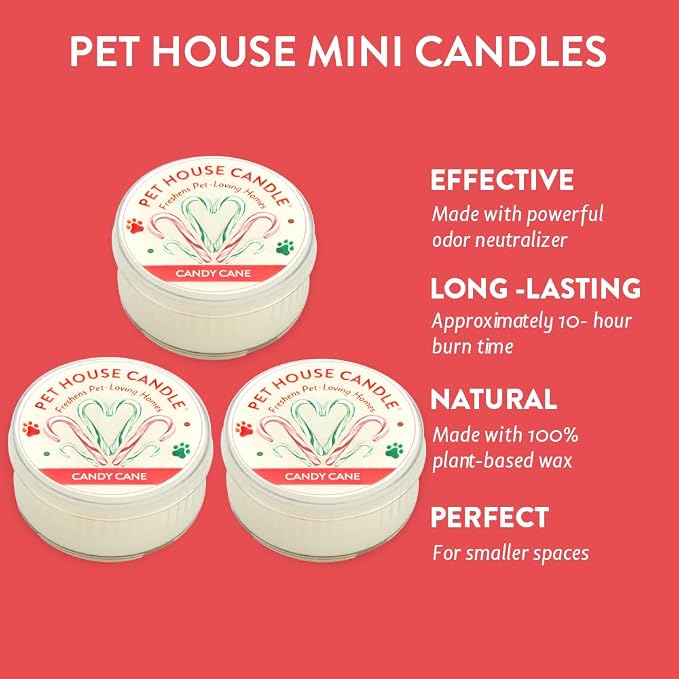 Pet House Mini Candles for Pet Odor Made with Natural Soy Wax, Plant Based, Dog and Cat Friendly Scented Candles, Candy Cane Pack of 3