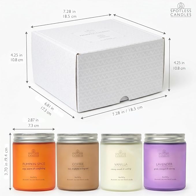 Classic Candle Gift Set; 4 x 8oz Scented Candles in Frosted Glass Jars; Coffee, Vanilla, Lavender, Pumpkin Spice; 200 Hours Burn Time; Gifts Set for Women; Premium Gift Box by Spotless Candles