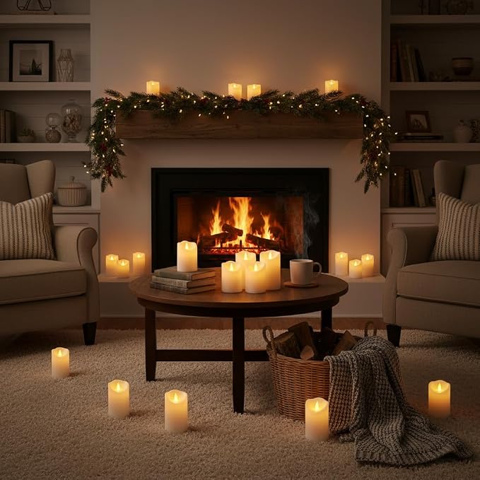 Pure White Flameless Candles, Patented 3D Dual-LED, Set of 6 Slanted Plastic Pillars with 2 Remotes, Waterproof Non-Melting Battery Operated Decor for Patio Lanterns, White
