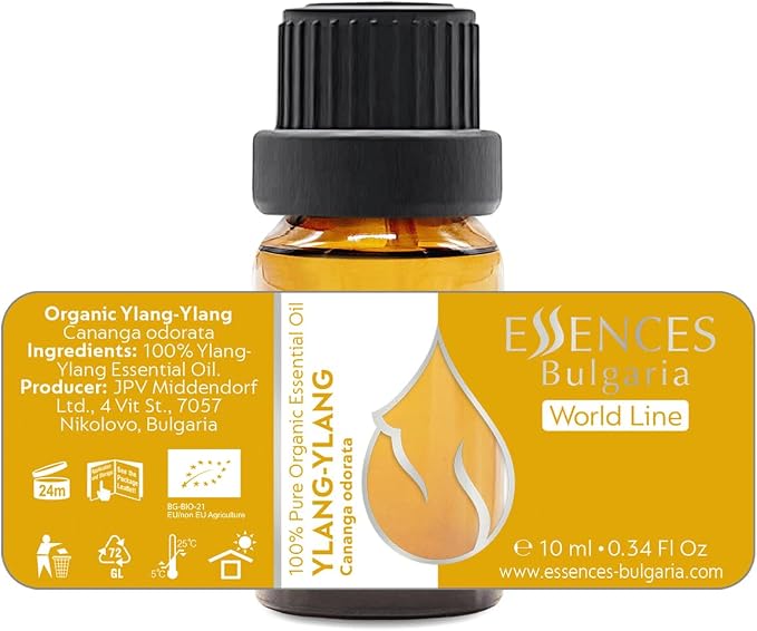 Essences Bulgaria Organic Ylang-Ylang Essential Oil 0.34 Fl Oz 10ml Cananga odorata - 100% Pure Natural Undiluted Therapeutic Grade for Aromatherapy Diffuser Candle and Soap Making Skincare Body Oil