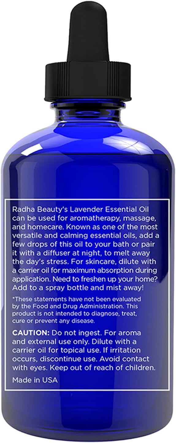 Radha Beauty Lavender Essential Oil 4 oz. - 100% Natural & Therapeutic Grade, Steam Distilled for Aromatherapy, Relaxation, Sleep, Laundry, Stress & Anxiety Relief, Meditation, Massage, Headaches
