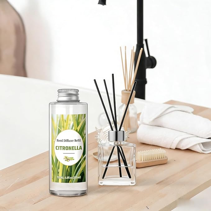 STRN Citronella Reed Diffuser Oil Refill, Lemongrass Scent 200ML(6.8fl.oz) with 6 Sticks, Air Freshener Long-Lasting Aromatherapy Reed Diffuser Set for Summer Home, Bedroom, Spa, Bathroom