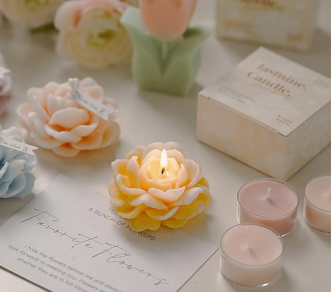 Jasmine Flower Shape Scented Candle,50G Multicolour Romantic Soy Wax Aesthetic Decorative Healing Candle for Valentine's Day Wedding Birthday,Prefect Gift for Meditation Stress Relief Mood (Yellow)