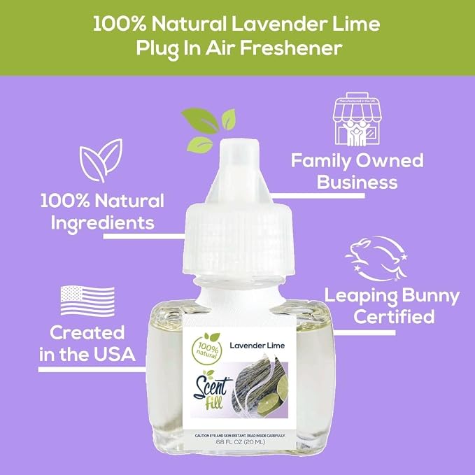 Scent Fill 100% Natural Lavender Lime Plug in Air Freshener, Scented Oil Refills, 3 Refills