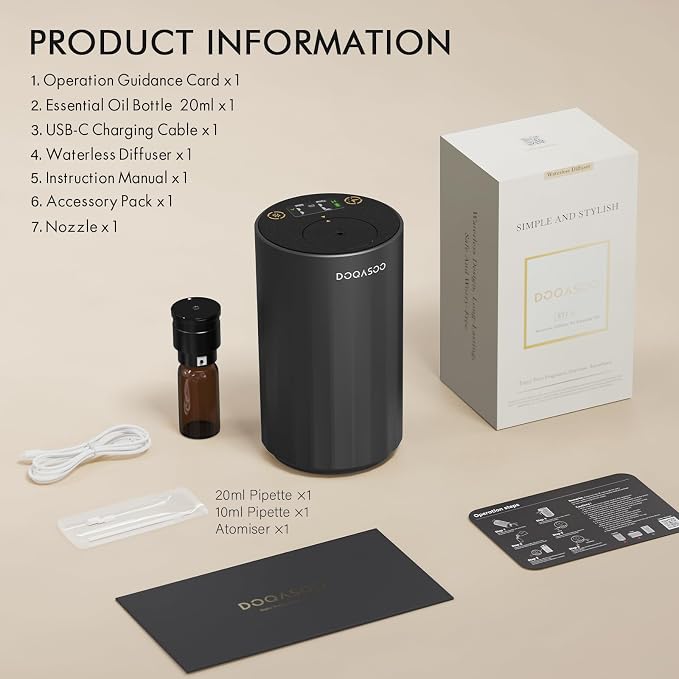 Waterless Diffuser for Essential Oil, Car Diffsuer, 96H Battery Operated Portable Nebulizer Mini Scent Air Machine with Dual Home Vehicle Modes for Bedroom Office Travel 20mL