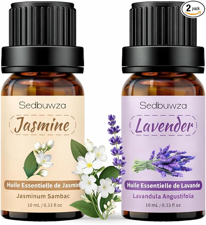 Sedbuwza Lavender Jasmine Essential Oil Set, Lavender Fragrance Oil Jasmine Scent Oil Set for Diffuser, Aromatherapy, Massage, Soap, Candle Making 2 x 10 ml